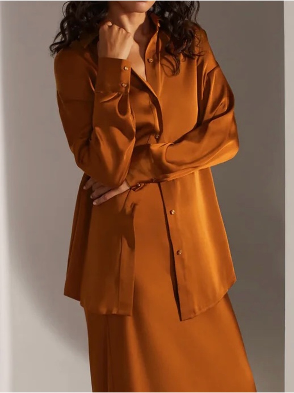 Silky Button-Front Blouse in Deep Amber